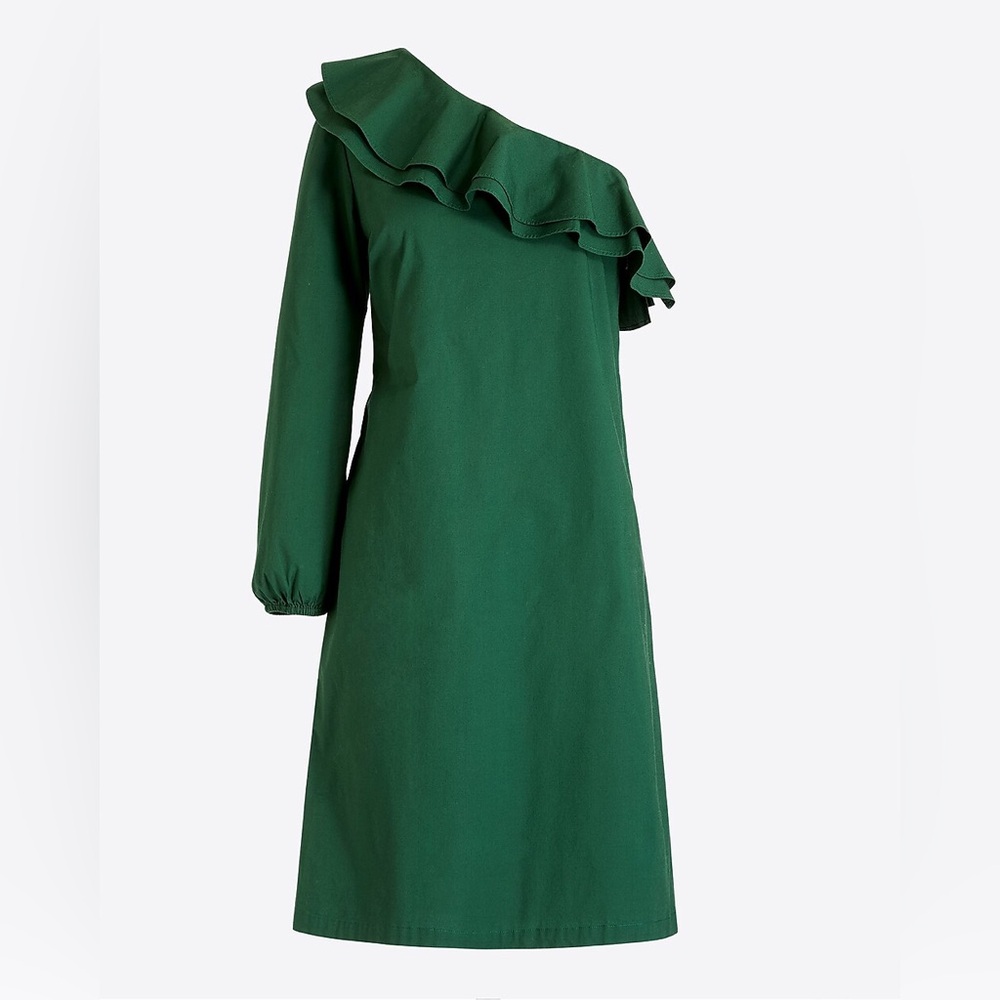 NWT J.Crew Mercantile Deep Hunter Green One Shoulder Ruffle Poplin Dress Sz 6